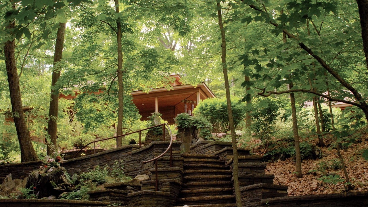 Steps leading up to The Sanctuary, a quiet space for contemplation and daily meditation classes at Omega.