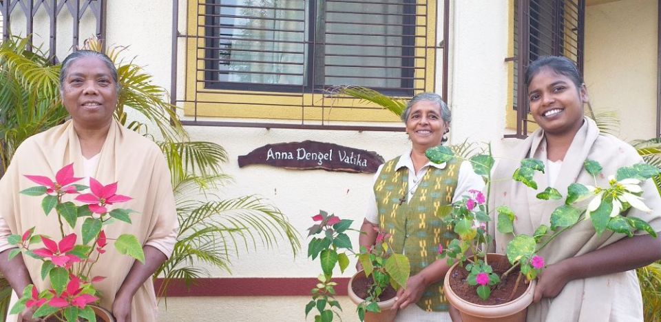 Medical Mission Sr. Rowena Miranda, center, stands with sisters in front of the convent at the eco-health center Samanvaya.  (Courtesy of Rowena Miranda)