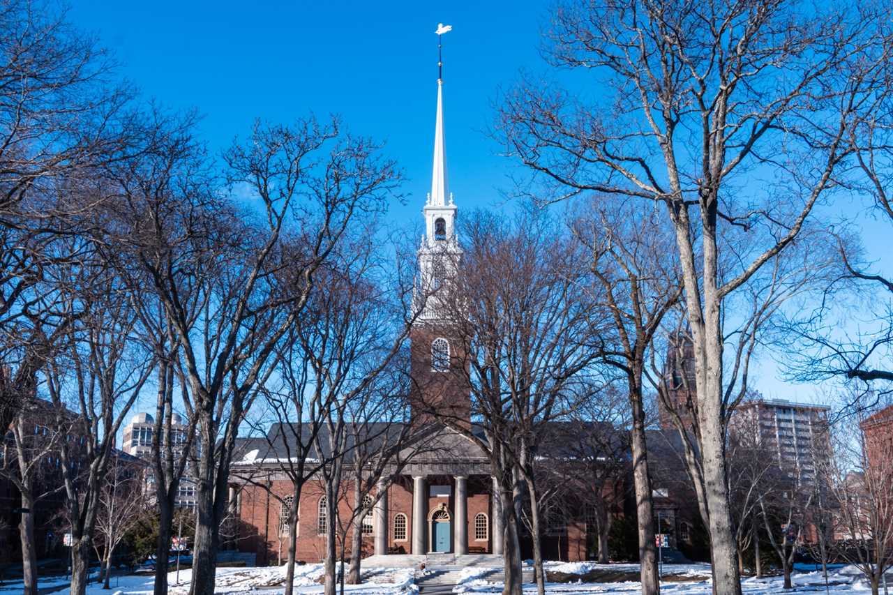 Memorial Church, the non-denominational Protestant church in the center of Harvard Yard.