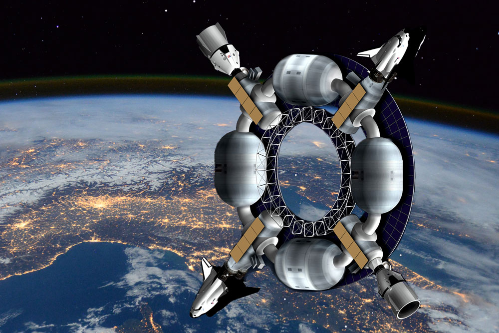 A rendering of the Pioneer Station in orbit