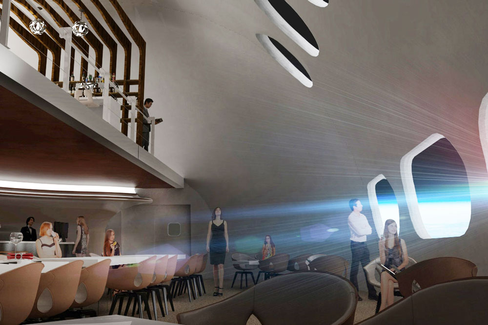 Rendering of the restaurant at the Voyager Station