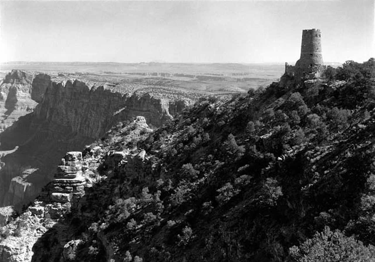 Desert View Watchtower and the Little Colorado River gorge at sunrise, October 1935