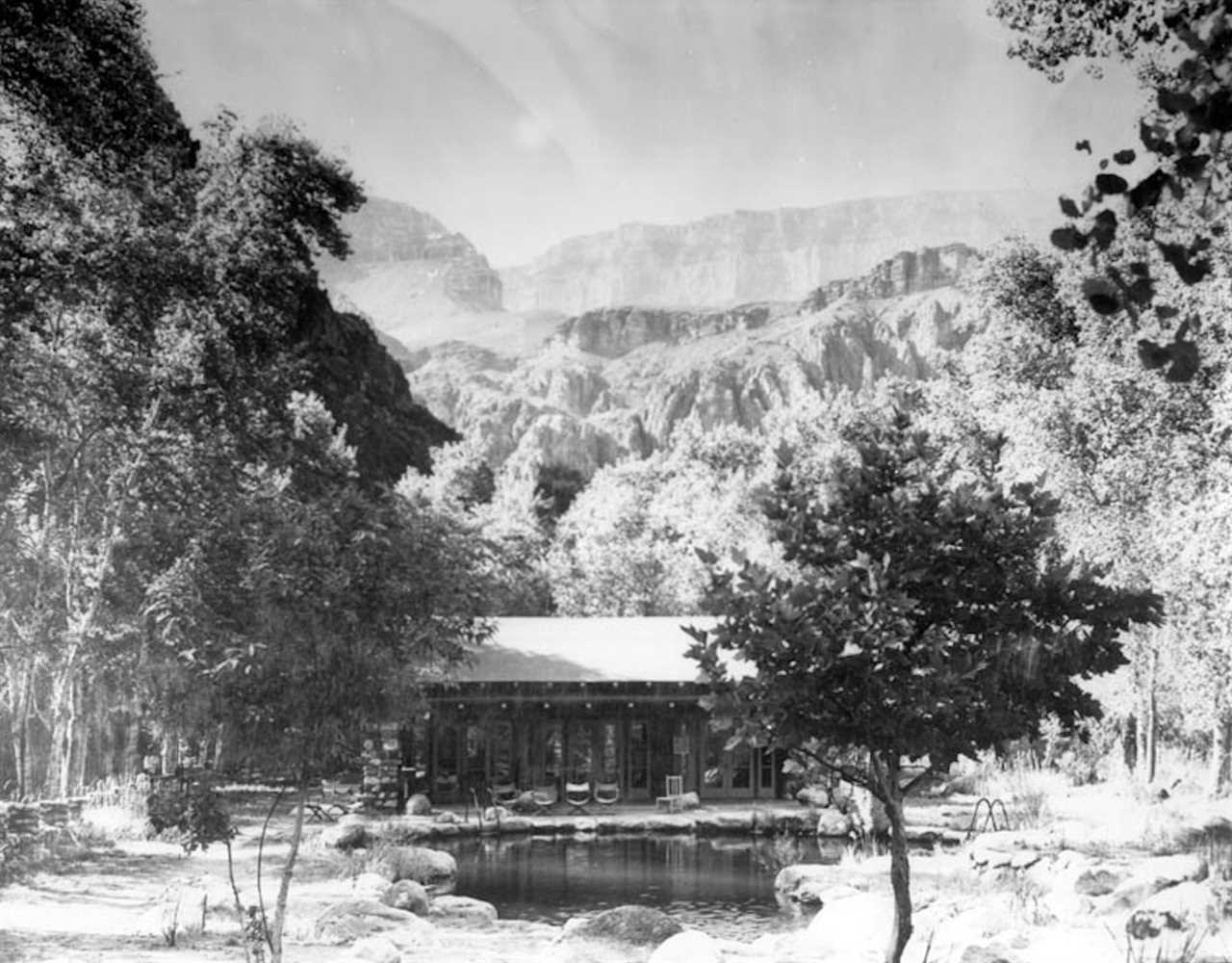 View of Phantom Ranch to the south of the swimming pool and recreation building, circa 1930